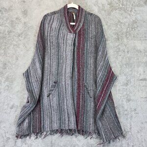 Free People Poncho Sweater Womens XS/S Small Gray Maroon Striped Boho Fringe